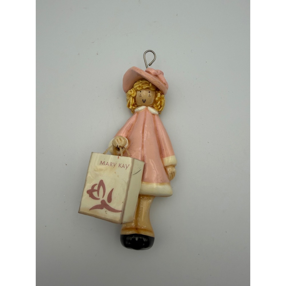 Vintage Mary Kay Girl Figurine Ornament Pink Coat Shopping Bag Collectible